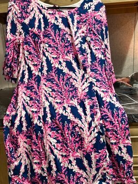 Lilly Pulitzer Navy Pink White Coral-Print Midi Dress